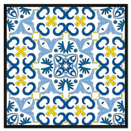 Gerahmter Kunstdruck Azulejo Muster blau-gelb
