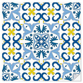 Selvklebende plakat Azulejo pattern blue-yellow