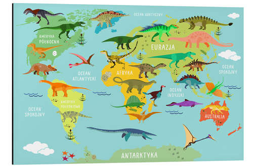 Aluminium print World map of dinosaurs (Polish)