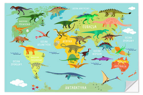 Selvklæbende plakat World map of dinosaurs (Polish)