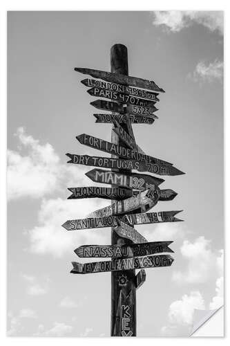 Selvklebende plakat Signpost in Key West, black and white