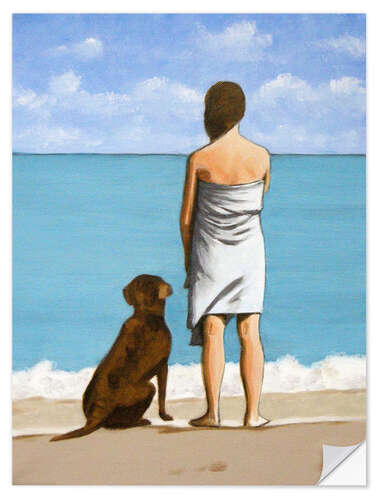 Selvklebende plakat Woman and dog at the beach