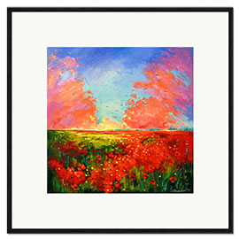 Ingelijste kunstdruk Sunset over the poppy field