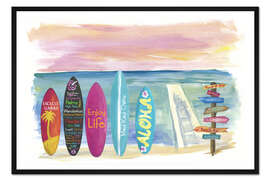 Gerahmter Kunstdruck Surfboards am Meer