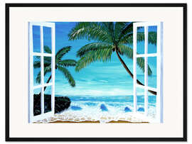 Gerahmter Kunstdruck Fenster mit Blick auf den Karibistrand