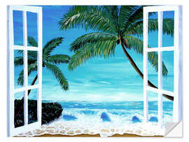 Selvklæbende plakat Window with a view of the Caribbean beach