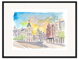 Gerahmter Kunstdruck Morgenszene auf der Gran Via Straße in Madrid Spanien