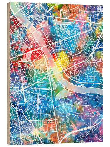 Wood print Warsaw city map