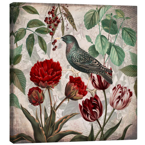Canvas print Vintage starling with tulips
