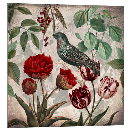 Gallery print Vintage starling with tulips