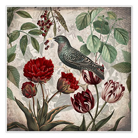 Veggbilde  Vintage starling with tulips - Andrea Haase