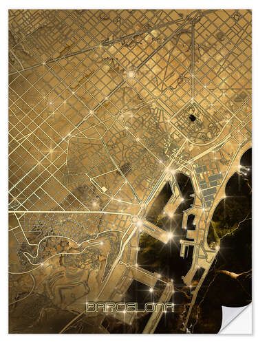 Selvklebende plakat Barcelona city map gold