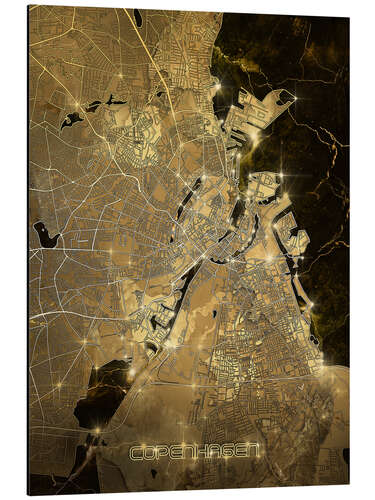 Stampa su alluminio Mappa in oro della città di Copenhagen