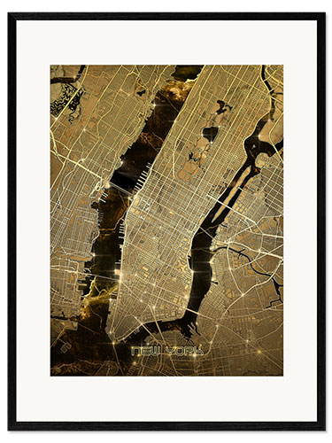 Gerahmter Kunstdruck New York Stadtplan Gold