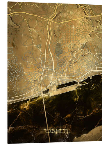 Tableau en verre acrylique Plan doré de la ville de Lisbonne