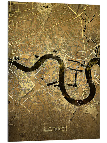 Aluminium print London city map gold