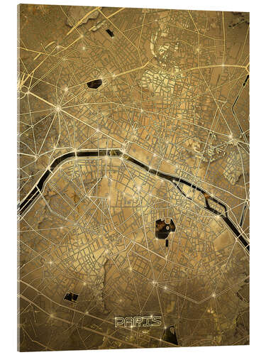 Tableau en verre acrylique Plan doré de la ville de Paris