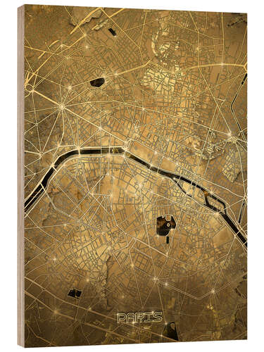 Print på træ Paris city map gold