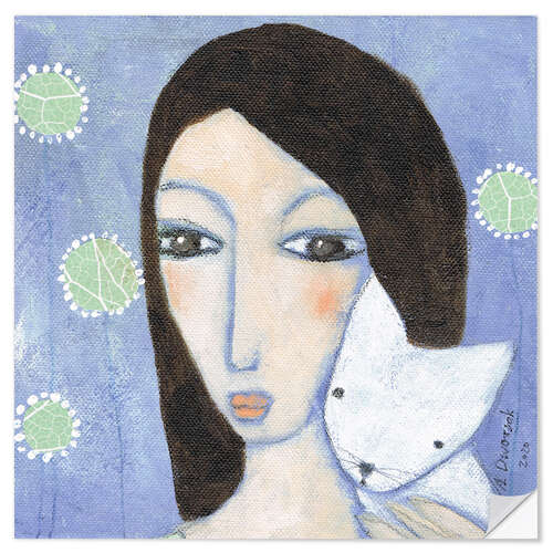 Muursticker Woman with white cat