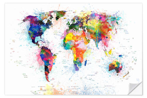 Wall sticker World map political watercolor