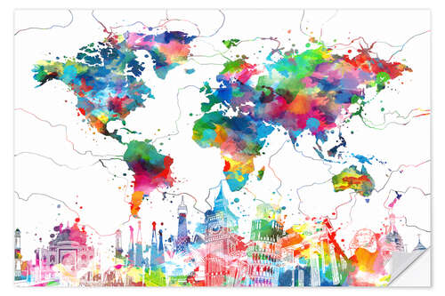 Sticker mural Skyline et carte du monde