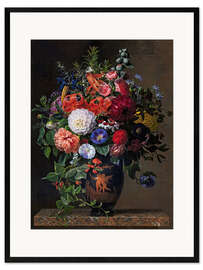 Gerahmter Kunstdruck Blumenstillleben mit Dahlien, Lilien und Rosen