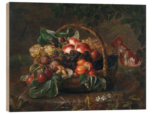 Wood print Still life with peaches, figs and grapes in a basket