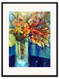 Gerahmter Kunstdruck Herbstblumen in einer blauen Vase