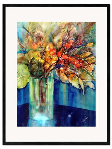 Ingelijste kunstdruk Autumn flowers in a blue vase