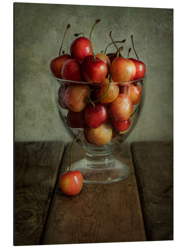 Aluminium print Still life with cherries in glass bowl