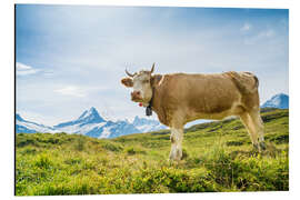 Aluminium print Swiss cow with Schreckhorn in the Bernese Alps