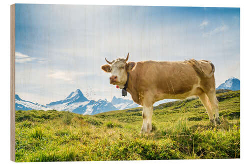 Wood print Swiss cow with Schreckhorn in the Bernese Alps