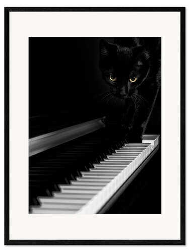 Framed art print Black cat on a piano