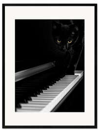 Framed art print Black cat on a piano