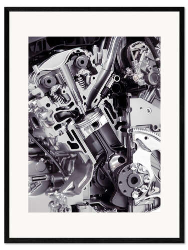 Ingelijste kunstdruk Car engine with cylinders, pistons and valves