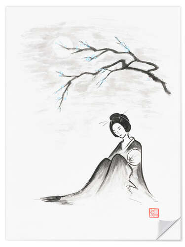 Selvklebende plakat Geisha under a sakura branch