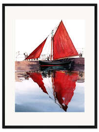 Gerahmter Kunstdruck Rote Segelboot-Hooker Galway Irland