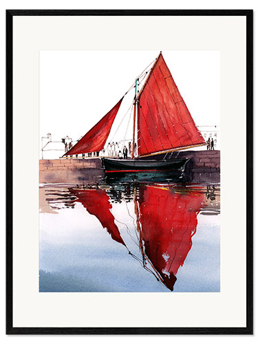Ingelijste kunstdruk Red Sailboat Hooker  Galway Ireland