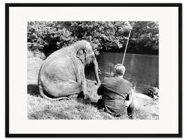 Gerahmter Kunstdruck Angeln mit Elefant am Nachmittag