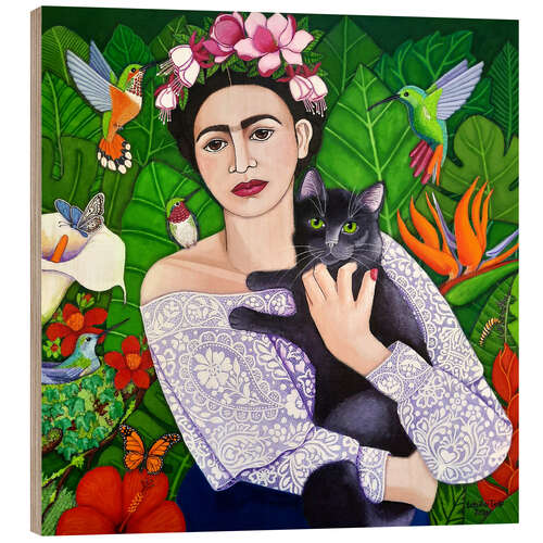 Cuadro de madera Frida Kahlo con gato negro