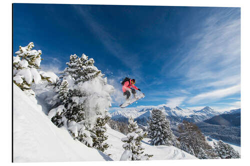 Aluminium print Snowboarder jumps over trees