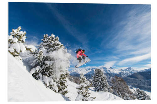 Foam board print Snowboarder jumps over trees