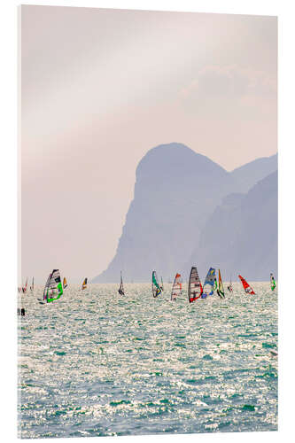 Obraz na szkle akrylowym Windsurfer with Colourful Sails, Lake Garda