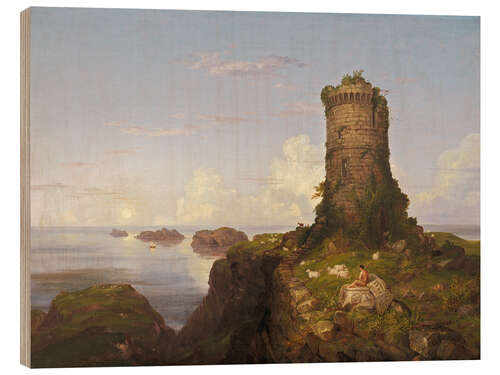 Trätavla Italian Coast Scene with Ruined Tower