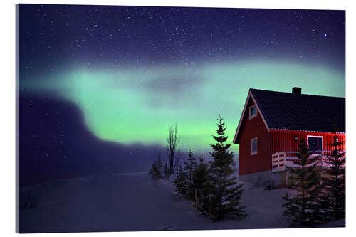 Acrylic print Red Norwegian house with aurora borealis in winter