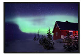 Gerahmter Kunstdruck Rotes Norweger-Haus mit Polarlicht im Winter