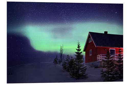 Cuadro de PVC Casa noruega roja con aurora boreal en invierno