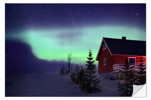 Autocolante decorativo Casa vermelha norueguesa com aurora boreal no inverno