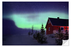 Wall sticker Red Norwegian house with aurora borealis in winter