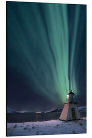 Aluminium print Northern lights over fjord with lighthouse in winter